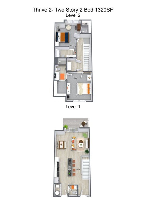 Floor plan for 2 beds, 2 baths, 1320 sqft